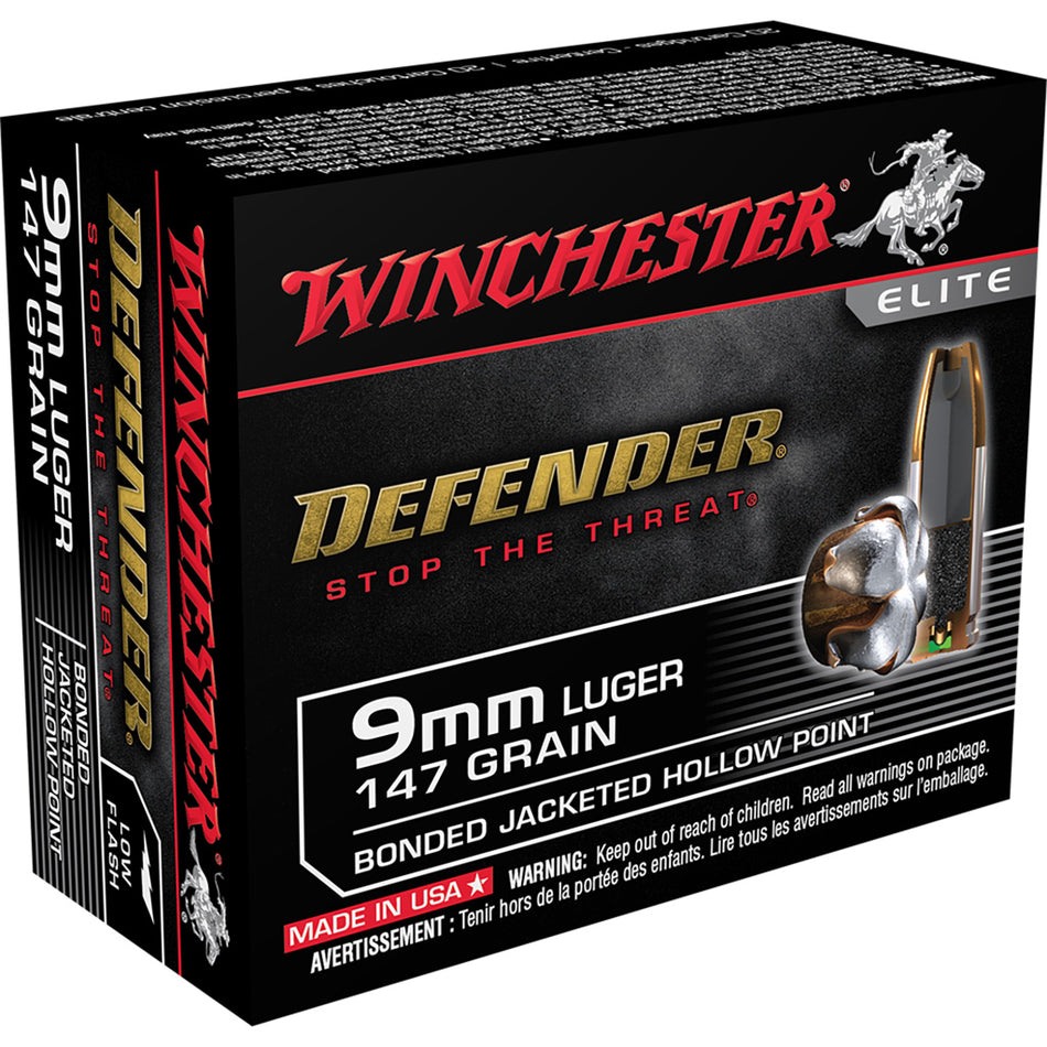 Winchester Defender Pistol Ammo 9mm Luger 147 Gr. Bonded Jacket Hp 20 Rd.