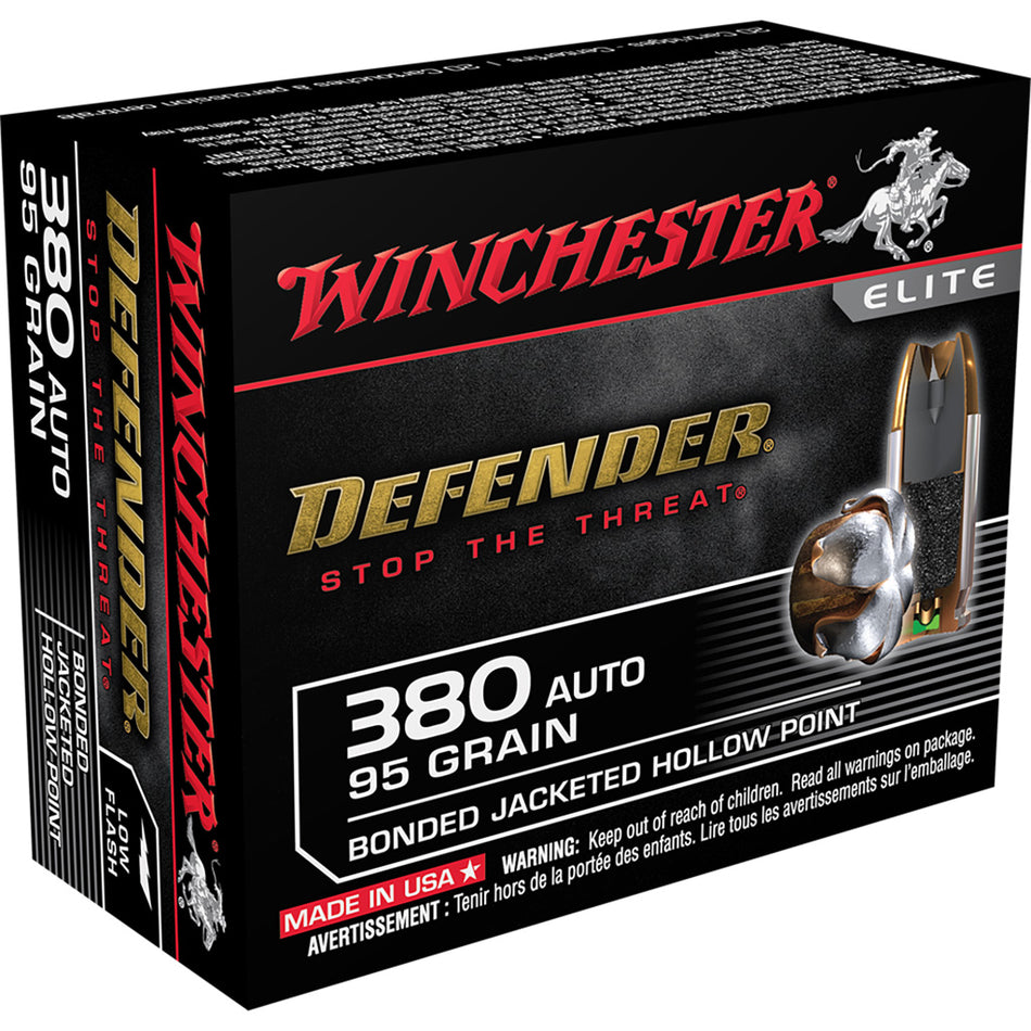 Winchester Defender Pistol Ammo 380 Acp 95 Gr. Bonded Jacket Hp 20 Rd.