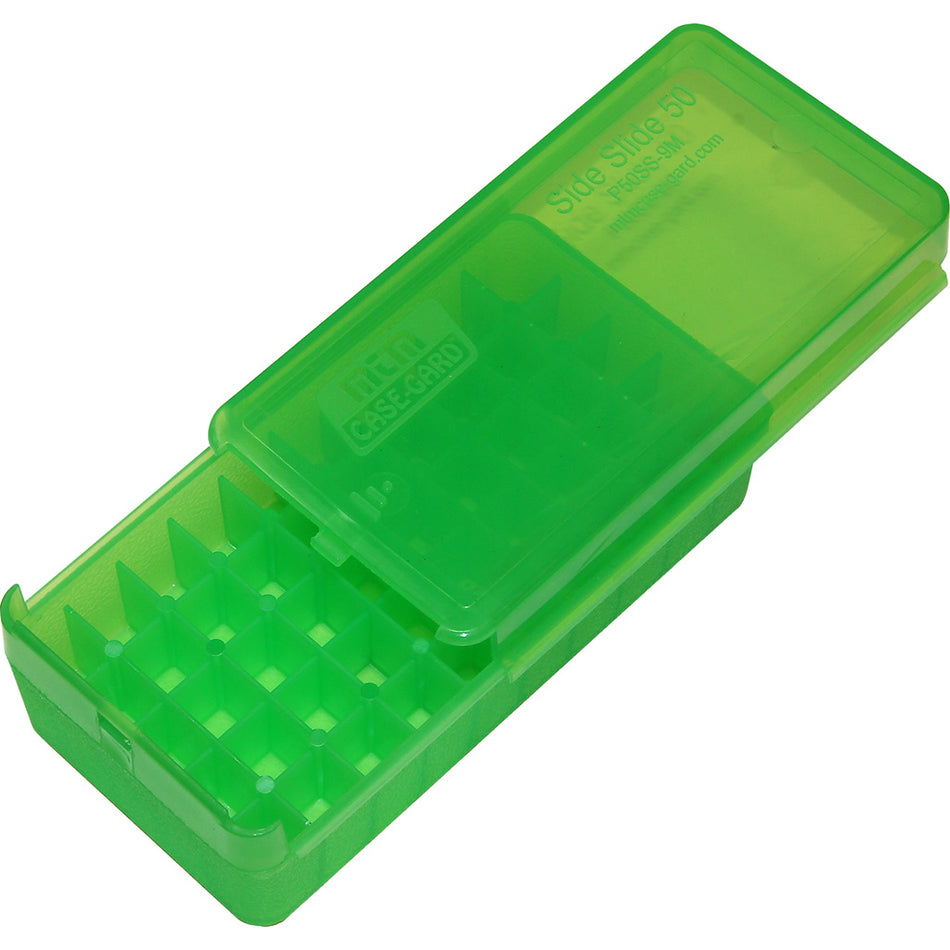 Mtm Slide Side Handgun Ammo Box 9mm And .380 Acp Clear/green 50 Rd.